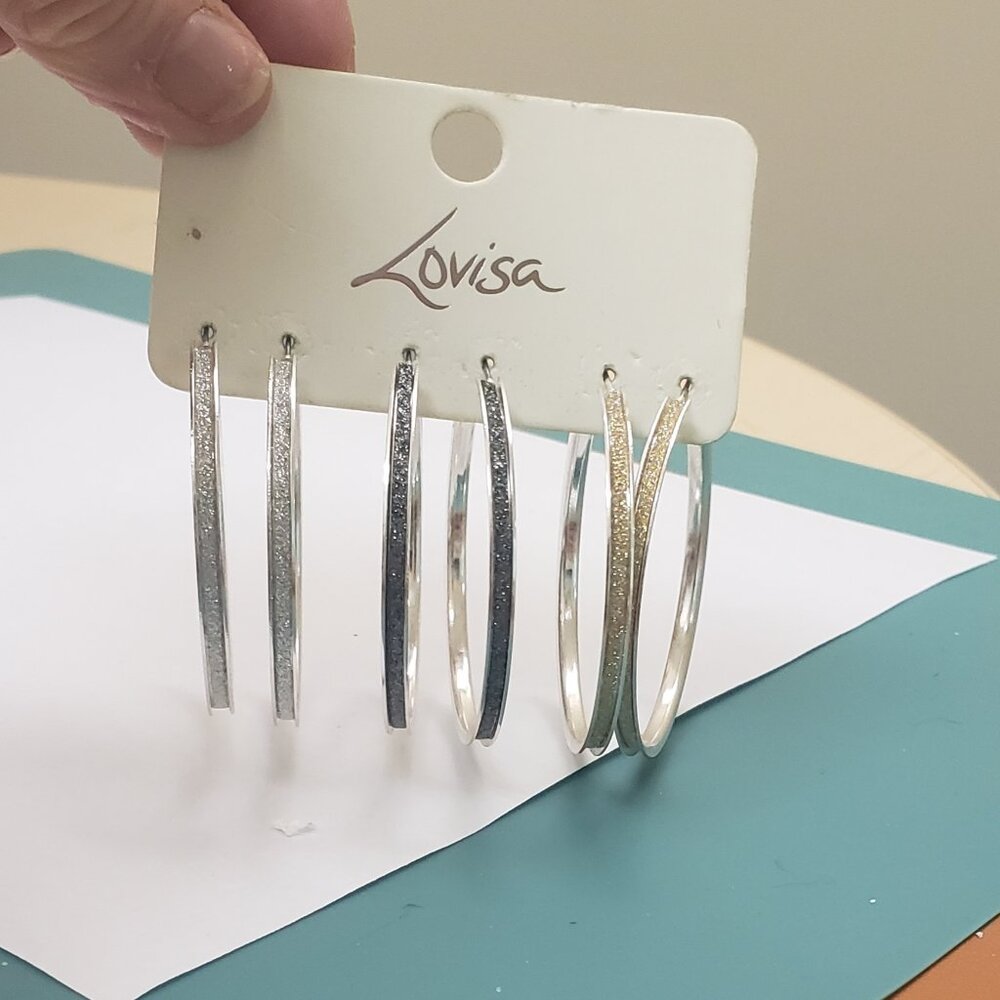 Lovisa, NWT, 3 prs medium hoop earrings, silver, gunmetal and gold tone